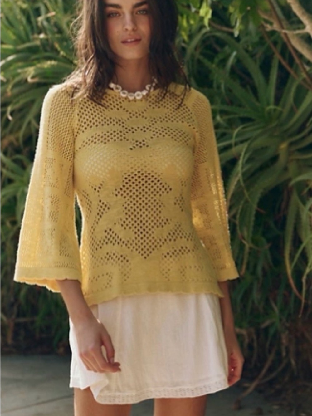 NWT Free People Yellow Open-Knit Bell Sleeve Pullover